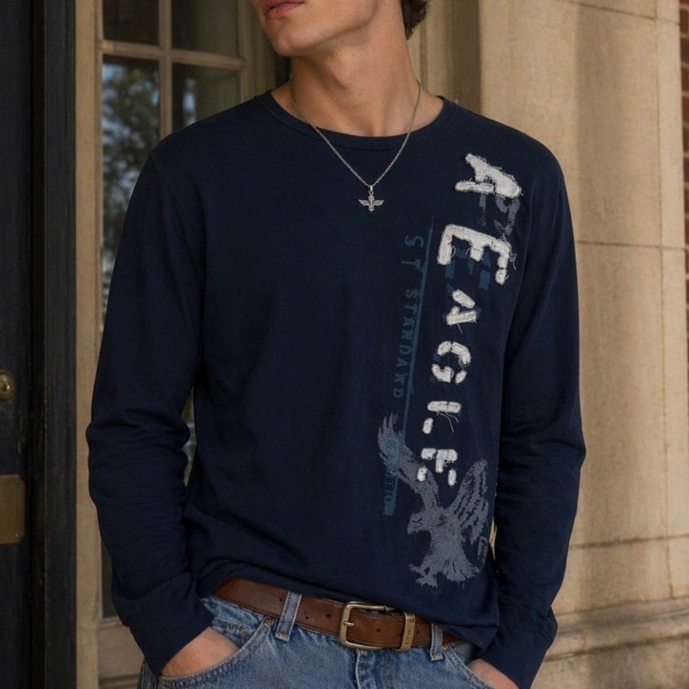 Y2K American Eagle Vintage Fit Long‎ Sleeve Shirt Mens L Blue Distressed Graphic